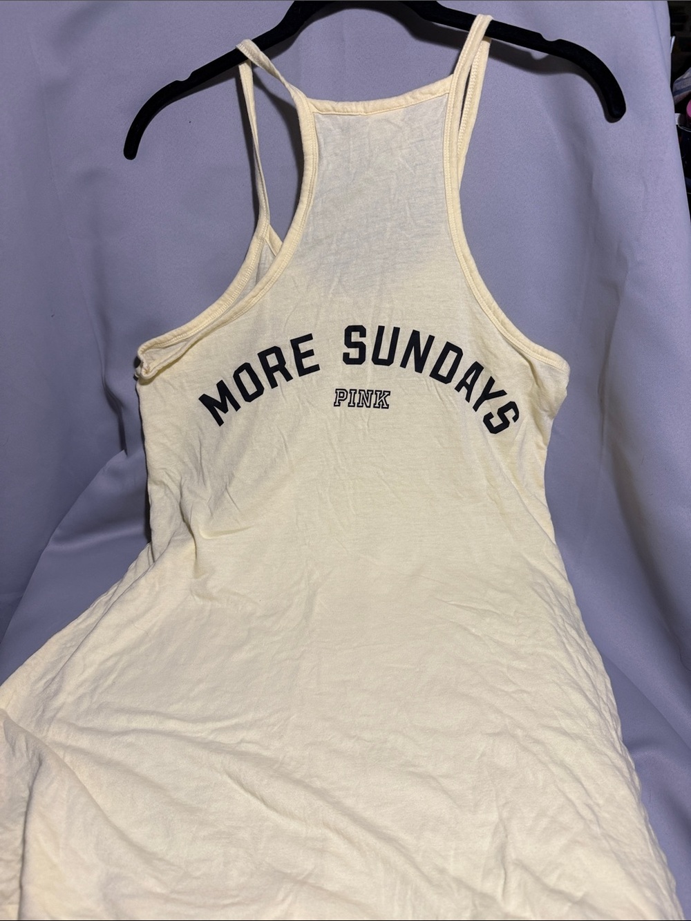 PINK Victoria's Secret Pale Cream Racerback Tank with 'Less Mondays' Print - Picture 2 of 3